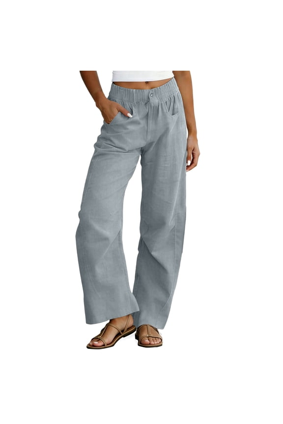 No Boundarie Wide Leg Pants for Women Cotton Linen Button Front Elastic Waist with Pockets Work to Weekend Loose Lounge Pants