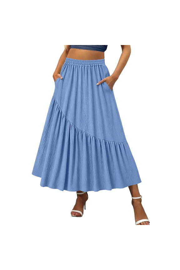 Women's Cotton Linen Maxi Skirt with Pockets High Waisted Asymmetric Tiered Skirts Boho A-Line Summer Beach Long Skirts
