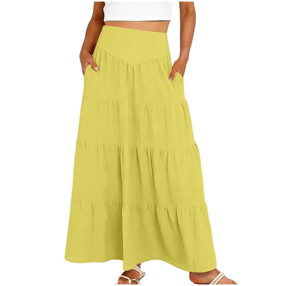 GUACER Women's High Waisted Tiered Maxi Skirt with Pockets Boho A-Line Flowy Long Skirt Lightweight Summer Swing Skirts