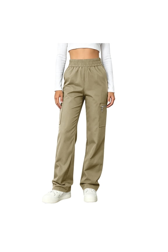 No Boundarie Women's Y2K Cargo Pants Elastic High Waist Straight Leg Utility Trousers with Zipper Pockets