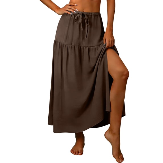 GUACER Womens Boho Tiered Maxi Skirt with Side Slit High Waisted Drawstring A-Line Skirt Flowy Summer Beach Swing Long Skirts