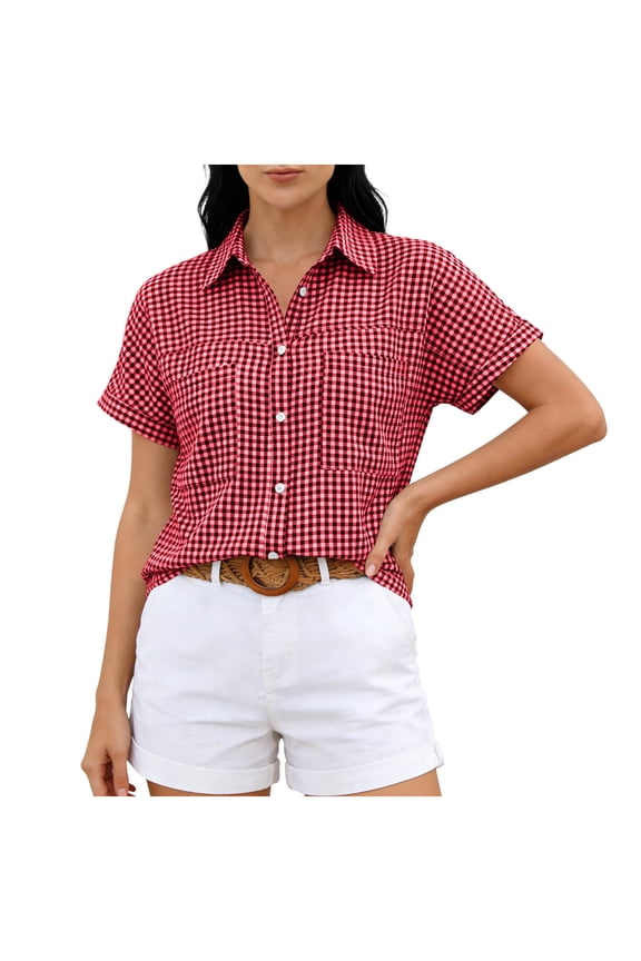 No Boundarie Womens Gingham Plaid Short Sleeve Button Down Shirt Classic Check Blouse Summer Casual Top with Pockets Regular Fit