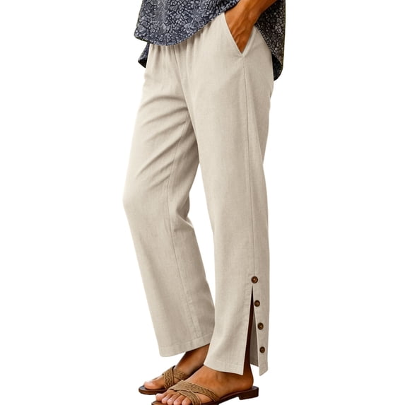 GUACER No Boundarie Womens Pants Cotton Elastic Waist Casual Straight Leg Trousers Button Side Slit Summer Pants