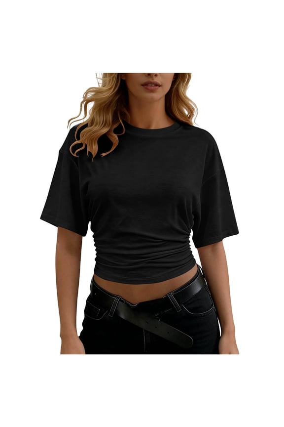 No Boundarie Womens Short Sleeve Blouses Ruched Crop Tops Sexy Side Gathering T-Shirt, Summer Casual Crewneck Cropped Tee