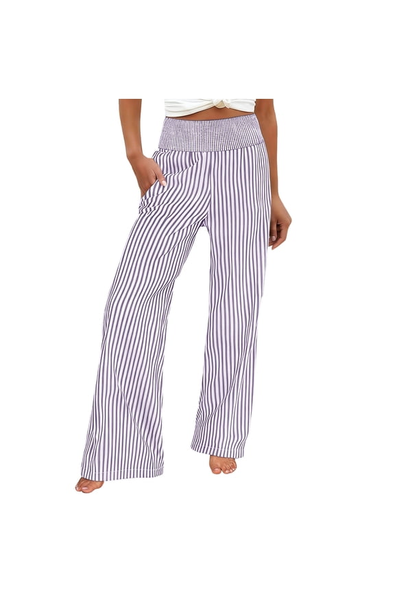 No Boundarie Womens Wide Leg Pants Striped High Waisted Palazzo Pants Flowy Smocked Waist Casual Lounge Trousers with Pockets