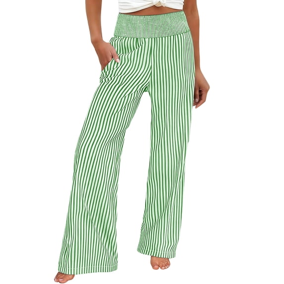 GUACER No Boundarie Womens Wide Leg Pants Striped High Waisted Palazzo Pants Flowy Smocked Waist Casual Lounge Trousers with Pockets