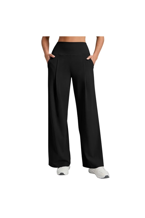No Boundarie Womens Yoga Dress Pants High Waisted Tummy Control Wide Leg Work Trousers Pull-On Pleated Pants with Pockets