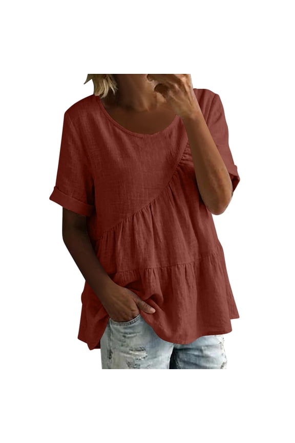 Peplum Tops for Women Short Sleeve Asymmetrical Ruffle Blouses Casual Linen Feel Babydoll Shirts Summer Tunics
