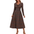 thumbnail image 1 of GUACER Plaid Fall Midi Dresses for Women High Waist Crewneck Long Sleeve A-Line Swing Dress for Work Casual, 1 of 6