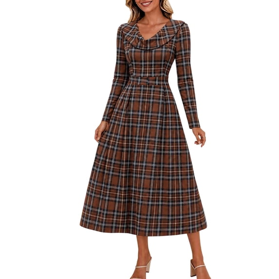 GUACER Plaid Fall Midi Dresses for Women High Waist Crewneck Long Sleeve A-Line Swing Dress for Work Casual