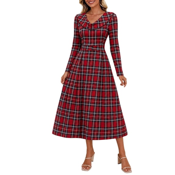 GUACER Plaid Fall Midi Dresses for Women High Waist Crewneck Long Sleeve A-Line Swing Dress for Work Casual