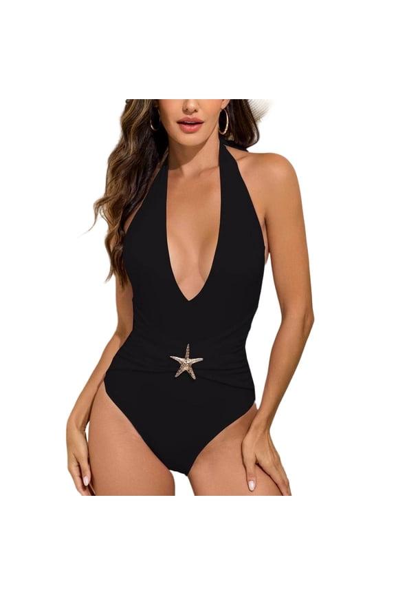 Plunge Halter One Piece Swimsuit for Women with Starfish Brooch Ruched Monokini Bathing Suits for Beach & Pool