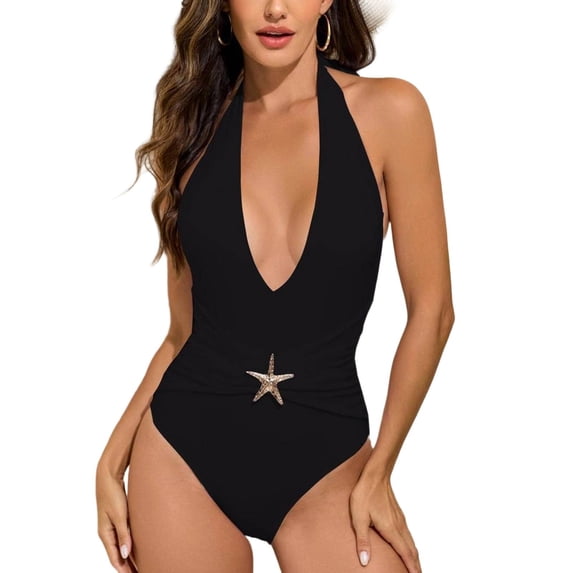 GUACER Plunge Halter One Piece Swimsuit for Women with Starfish Brooch Ruched Monokini Bathing Suits for Beach & Pool
