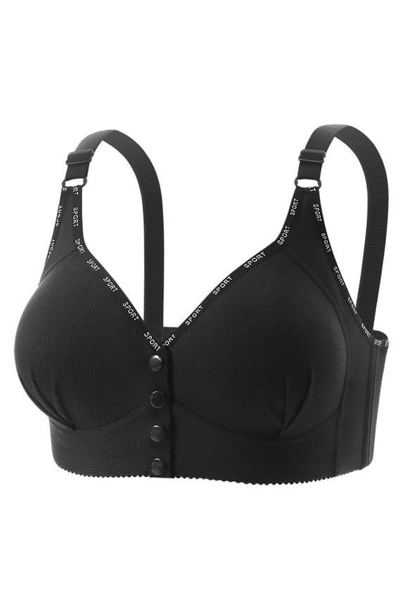 Plus Size Bra for Women Sporty Letter Trim Front Closure Wirefree Bralette, Ribbed Knit Full Coverage Comfort Bra with Wide Straps