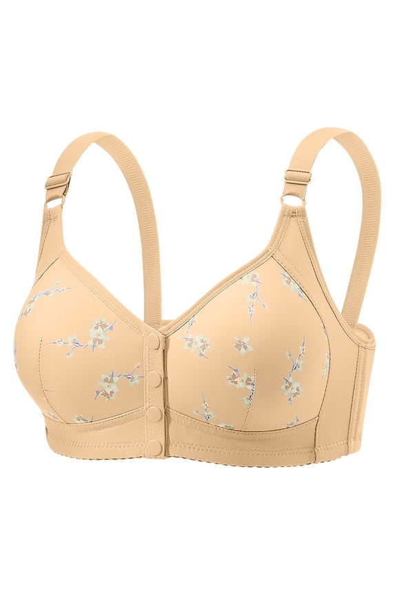 Plus Size Front Closure Bra for Women Floral Wirefree Bralette, Seamed Full Coverage Support Comfort Bra with Adjustable Straps