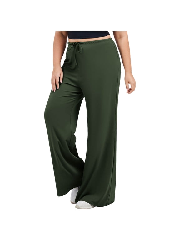 Plus Size Wide Leg Pants for Women Stretchy Breathable Fabric Drawstring Waist Everyday Pants