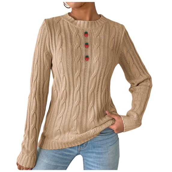 GUACER Pullover Sweaters for Women Strawberry Embroidered Cable Knit Cute Crewneck Long Sleeve Tops for Fall & Winter