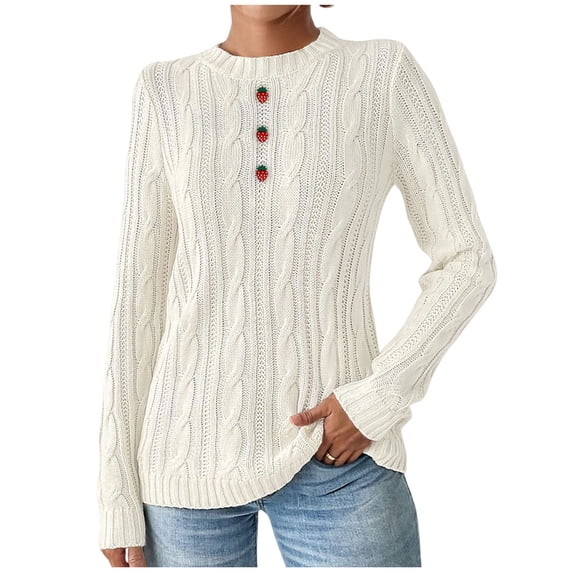GUACER Pullover Sweaters for Women Strawberry Embroidered Cable Knit Cute Crewneck Long Sleeve Tops for Fall & Winter