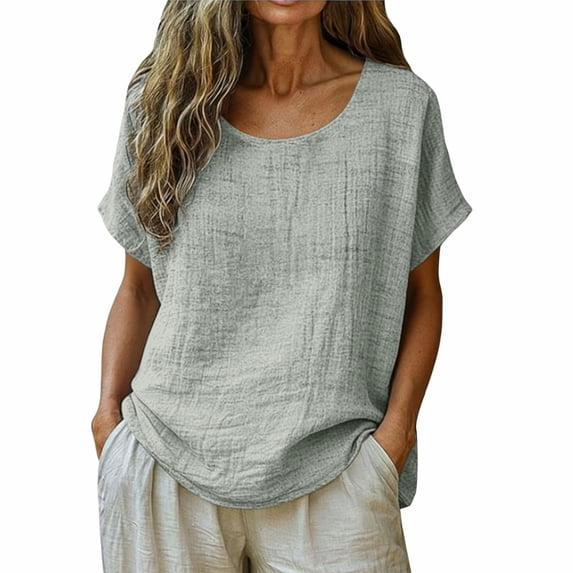 GUACER Relaxed T Shirts for Women Summer Round Neck Cotton Linen Solid Breathable Short Sleeve Tops