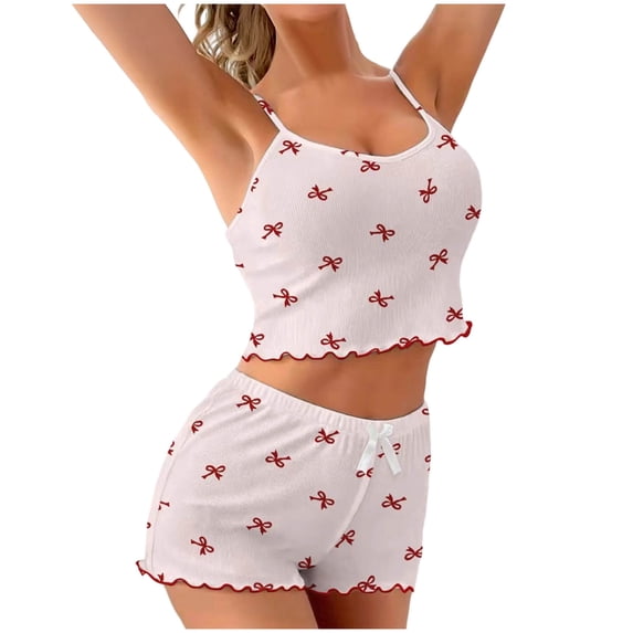 GUACER Ribbed Knit Pajama Sets for Women Bow Print & Scallop Trim Soft Cami & Shorts Sleepwear for Bed & Lounge