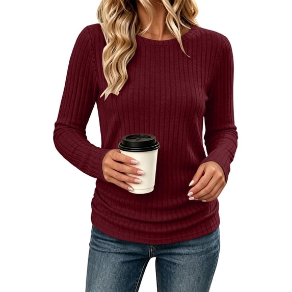 GUACER Ribbed Long Sleeve Tops for Women Crewneck Slim Fit Basic Tee Lightweight Knit Fall Casual Layering Undershirts