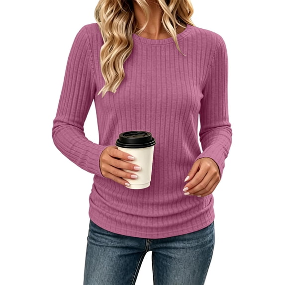 GUACER Ribbed Long Sleeve Tops for Women Crewneck Slim Fit Basic Tee Lightweight Knit Fall Casual Layering Undershirts