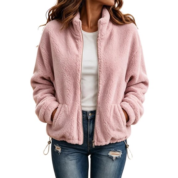 GUACER Sherpa Fleece Full Zip Jackets for Women with Pockets & Drawstring Hem Warm Casual Outerwear