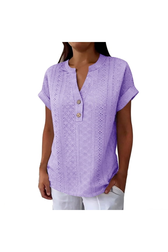 Shirts for Women Casual V Neck Comfy Button Loose Fit Eyelet Fashion Short Sleeve Blouses