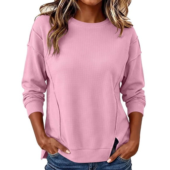 GUACER Shirts for Women Crewneck Side Slit Long Sleeve Tops Trendy Loose Fall Daily Outfits
