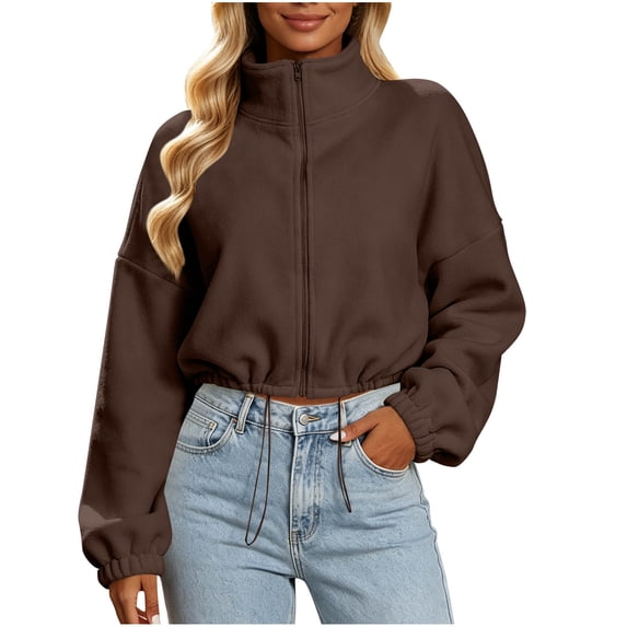GUACER Short Jackets for Women Full Zip Fleece Stand Collar Long Sleeve Warm Winter Sherpa Crop Coats