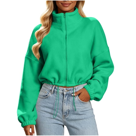 GUACER Short Jackets for Women Full Zip Fleece Stand Collar Long Sleeve Warm Winter Sherpa Crop Coats