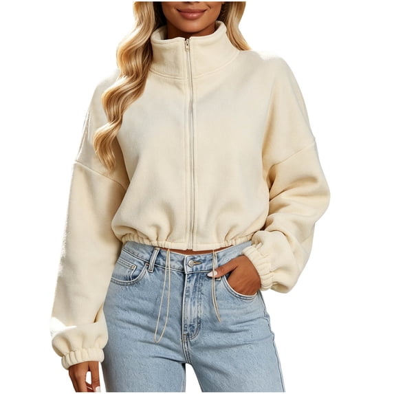 GUACER Short Jackets for Women Full Zip Fleece Stand Collar Long Sleeve Warm Winter Sherpa Crop Coats