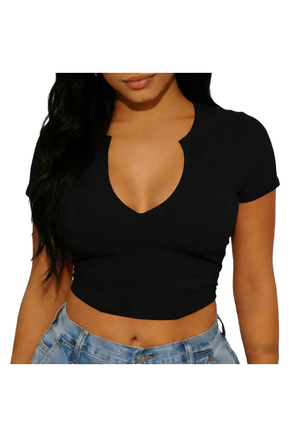 Short Sleeve Blouses for Women Fashion V Neck Slim Fit Crop Tops
