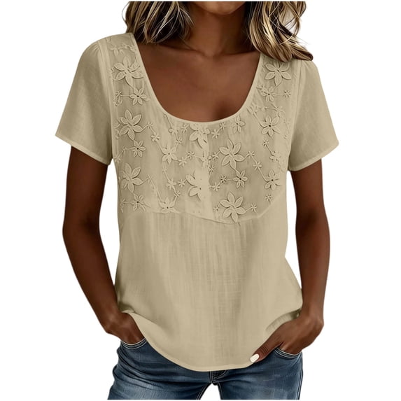GUACER Short Sleeve Cotton Linen Tops for Women Floral Embroidery Casual U-Neck Blouses for Summer