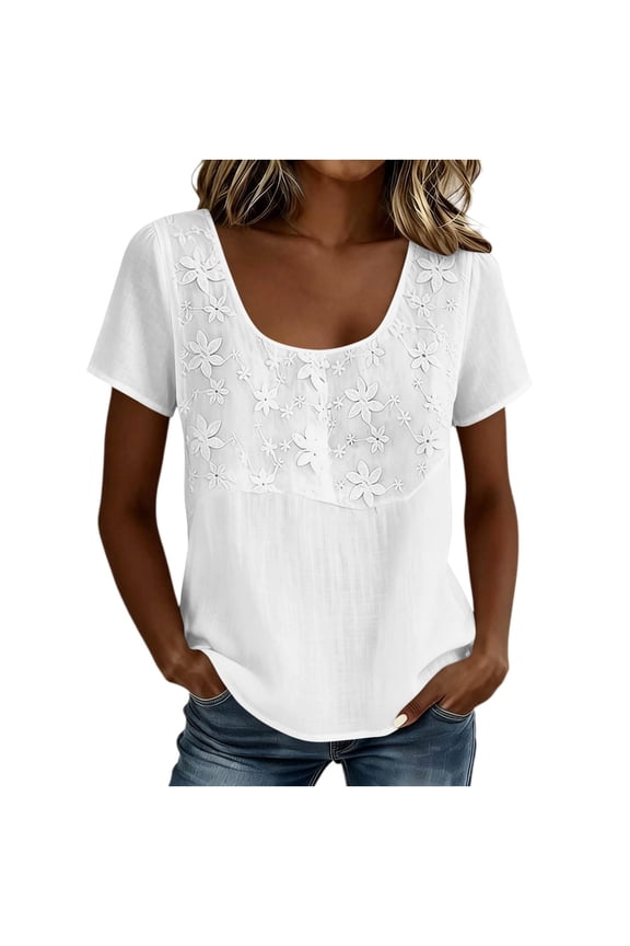 Short Sleeve Cotton Linen Tops for Women Floral Embroidery Casual U-Neck Blouses for Summer
