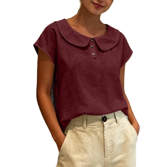 GUACER Short Sleeve Linen Cotton Tops for Women Peter Pan Collar Casual Button Placket Blouses Summer Shirts