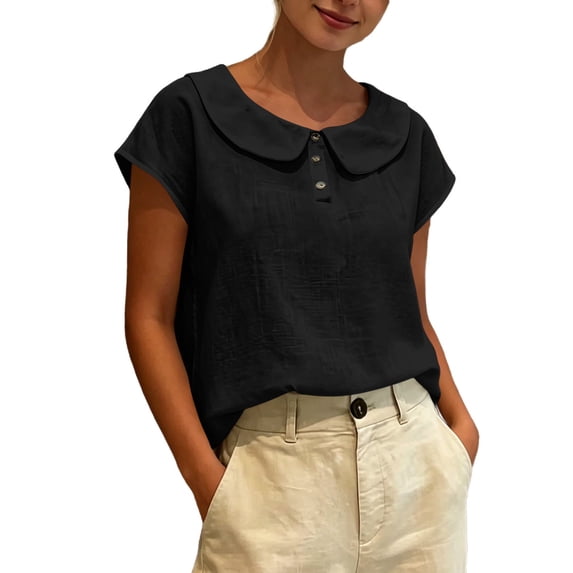 GUACER Short Sleeve Linen Cotton Tops for Women Peter Pan Collar Casual Button Placket Blouses Summer Shirts