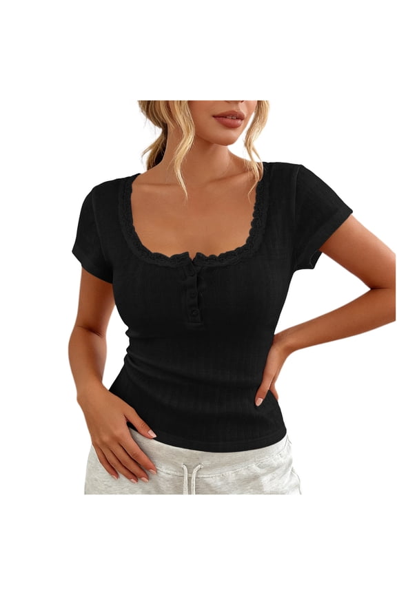 Short Sleeve Tops for Women Pointelle Ribbed Lace Trim Scoop Neck Henley Shirts Slim Fit Y2K Coquette Basic Tees