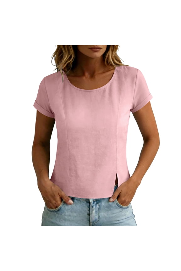Short Sleeve Tops for Women Scoop Neck Cotton Linen Casual Summer Relaxed Fit Blouses with Side Slits