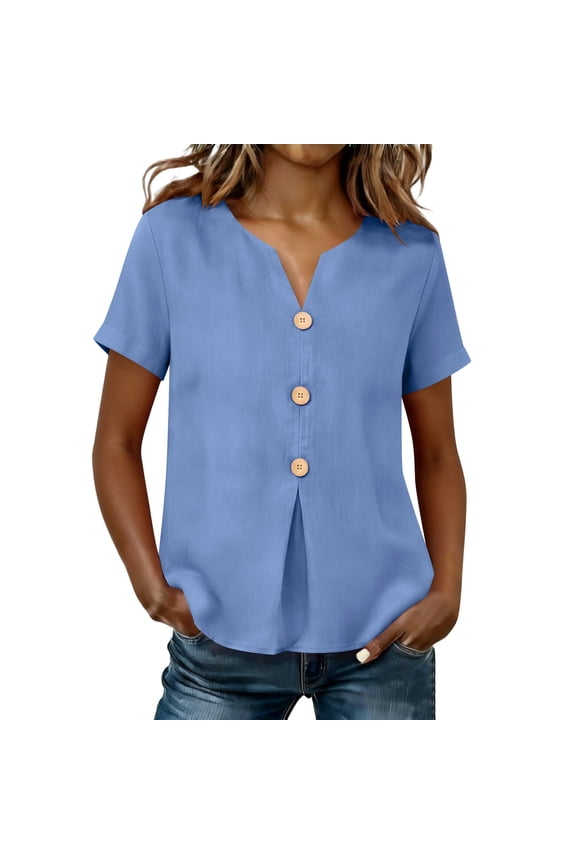 Short Sleeve Tops for Women V Neck Blouses Front Pleated Button Up Tunic Cotton Linen Casual Business Work Shirts