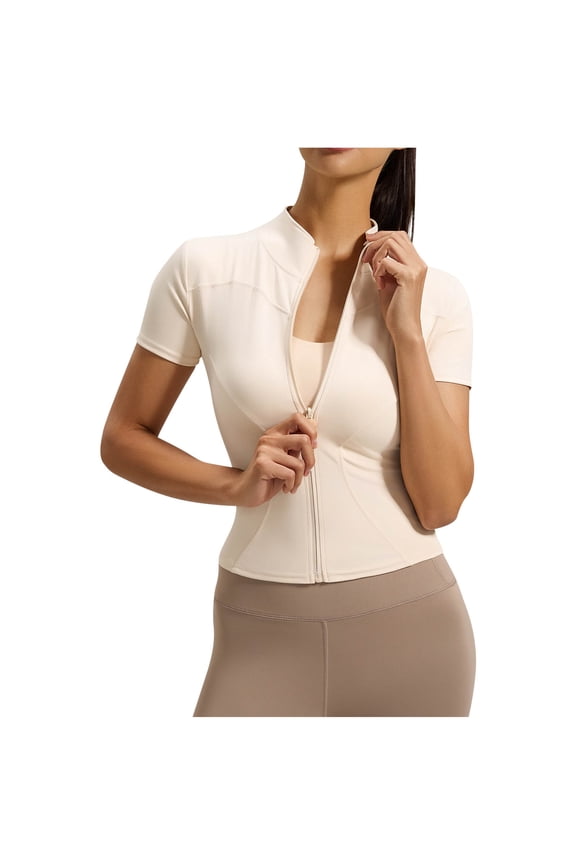 Short Sleeve Zip-Up Yoga Jacket for Women High Neck Athletic Top Slim Fit for Gym & Pilates