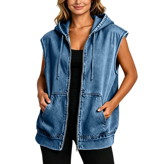 GUACER Sleeveless Jean Jackets for Women Trendy Hooded Zip Up Drawstring Loose Fit Denim Coats with Pockets