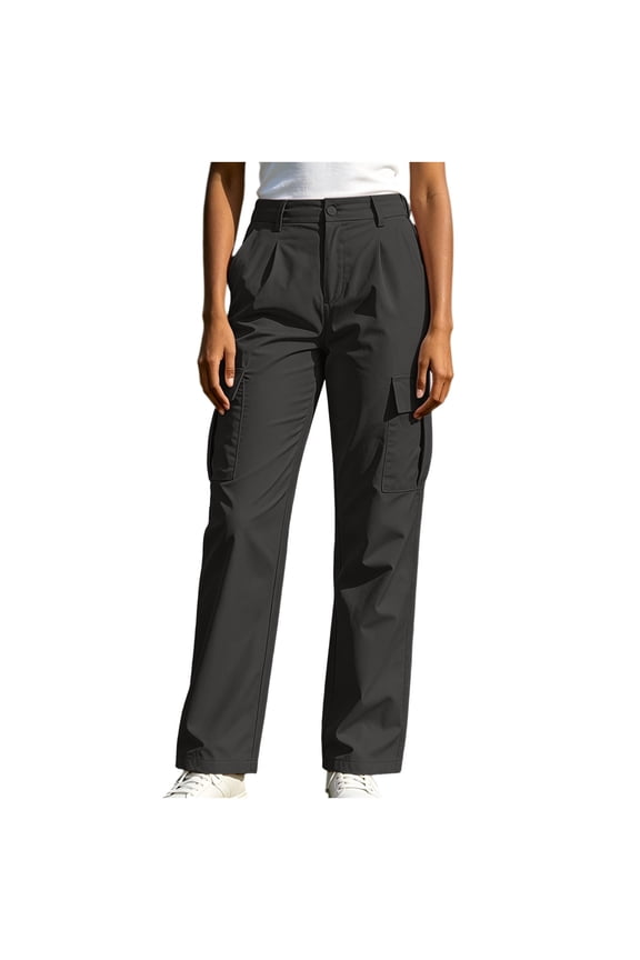 Straight Leg Cargo Pants for Women Button Fly High Waist Work Office Trousers Pockets