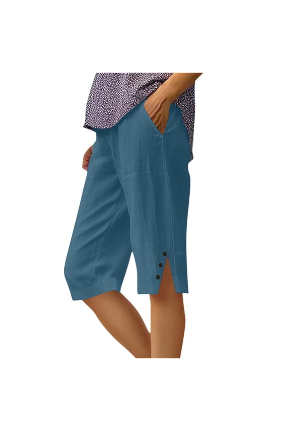 Straight Leg Shorts for Women Casual Cotton Linen Elastic Waisted Side Button Split Hem Relaxed Summer Shorts