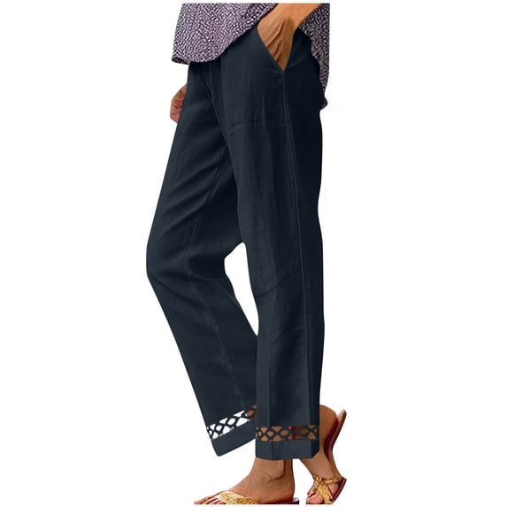 GUACER Straight Leg Trousers for Women Casual Cotton Linen Loose Elastic Waisted Summer Pants with Pockets Lace Splicing Hem