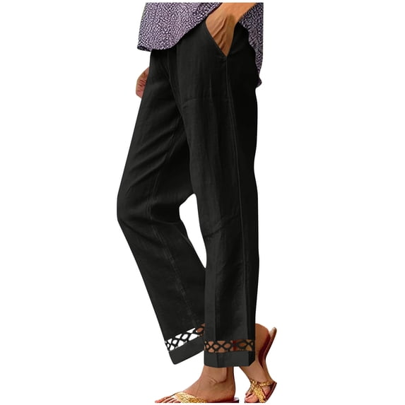 GUACER Straight Leg Trousers for Women Casual Cotton Linen Loose Elastic Waisted Summer Pants with Pockets Lace Splicing Hem