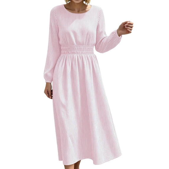 GUACER Striped Midi Dresses for Women Crewneck Long Sleeve Smocked Waist A-Line Casual Dresses for Lounge Vacation