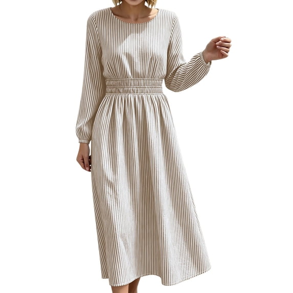 GUACER Striped Midi Dresses for Women Crewneck Long Sleeve Smocked Waist A-Line Casual Dresses for Lounge Vacation