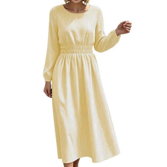 GUACER Striped Midi Dresses for Women Crewneck Long Sleeve Smocked Waist A-Line Casual Dresses for Lounge Vacation
