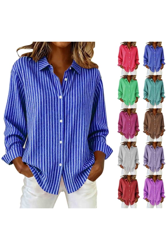 Striped Shirts for Women Casual Lapel Button Long Sleeve Poplin Blouses Relaxed Fit Tops for Work & Weekend